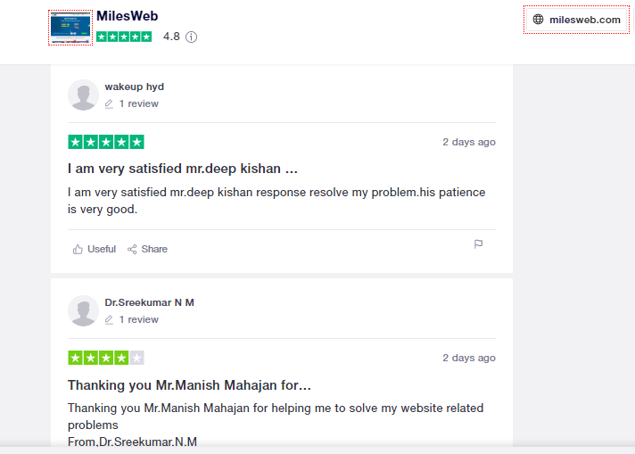 Milesweb reviews by client