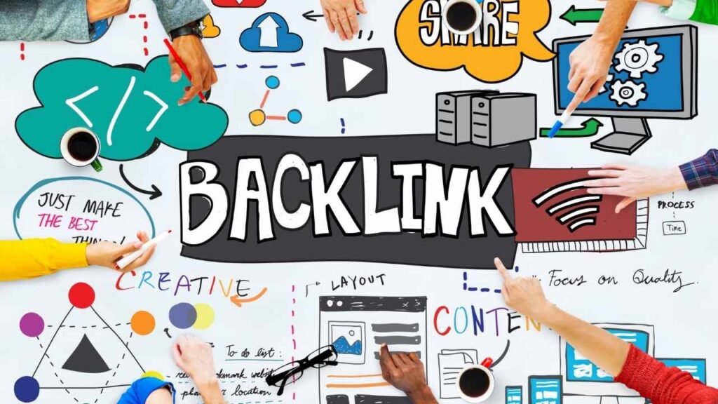 Diagram emphasizing backlinks as crucial for website performance, with examples of backlink management tools.