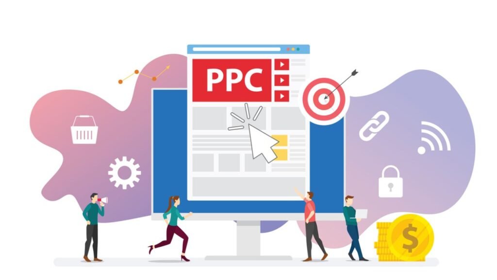 Illustration of people interacting with a PPC (Pay-Per-Click) marketing interface, featuring a target, currency, and digital marketing icons.