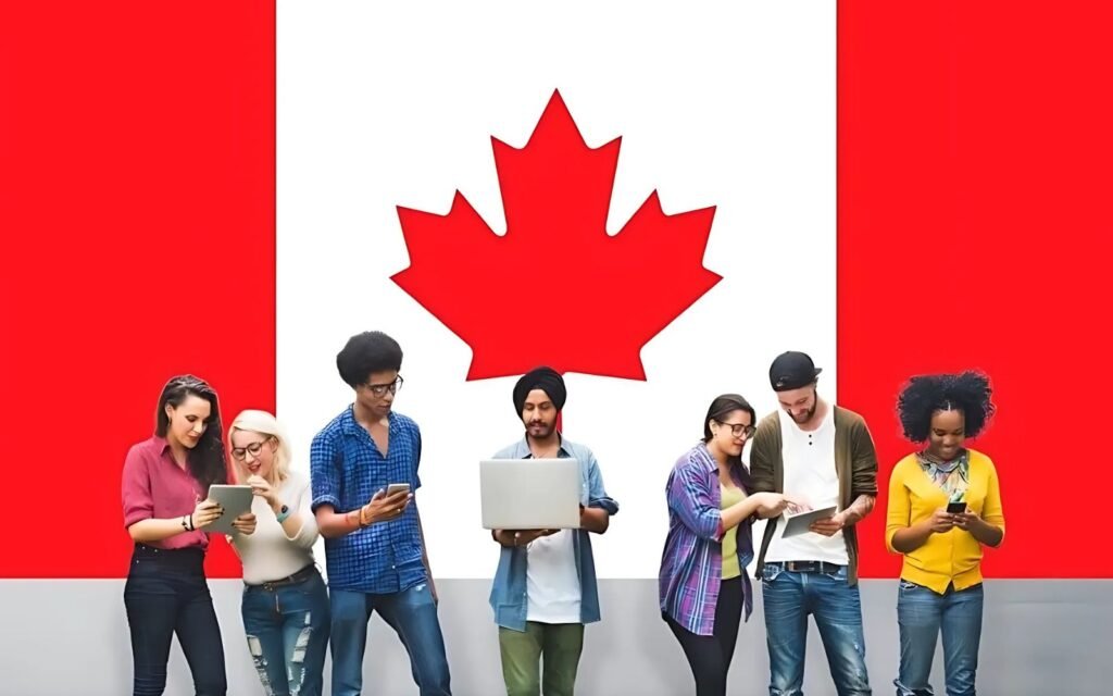 Six students of different backgrounds, all interacting with various electronic devices, stand before a Canadian flag, representing opportunities for part-time jobs in Canada.