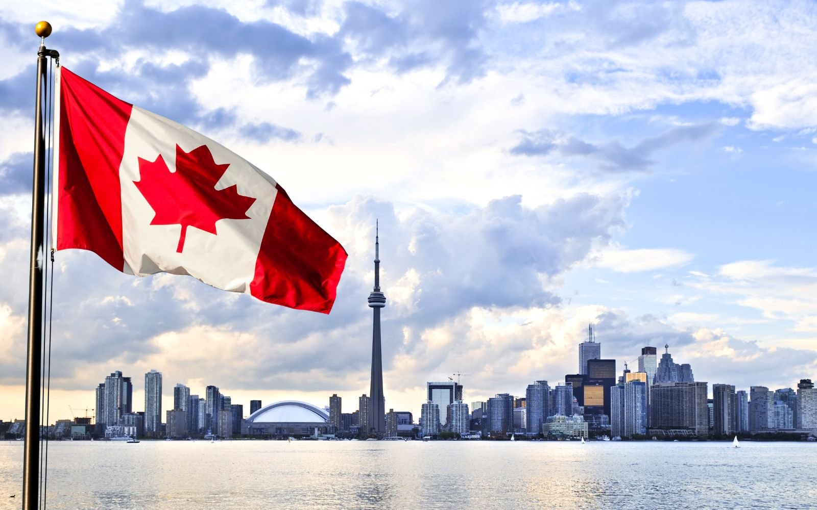 The Canadian flag waving in the foreground with the Toronto skyline and CN Tower in the background. 