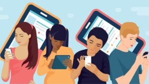 Illustration of diverse teenagers using smartphones and tablets, with large mobile screens in the background representing social media forums and digital communication.