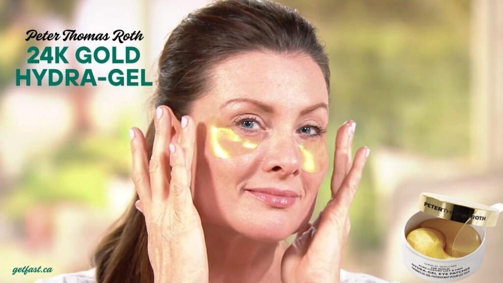 Woman applying Peter Thomas Roth 24K Gold Hydra-Gel Eye Patches to reduce under-eye puffiness and brighten skin.