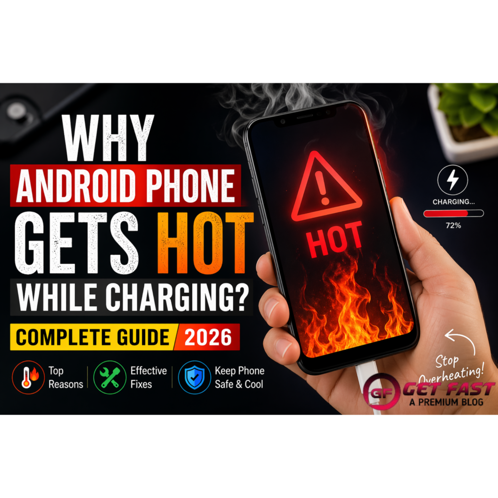 Why Android Phone Gets Hot While Charging – Complete Guide 2026 Android phone overheating while charging with warning symbol, showing causes and fixes for phone heating problem
