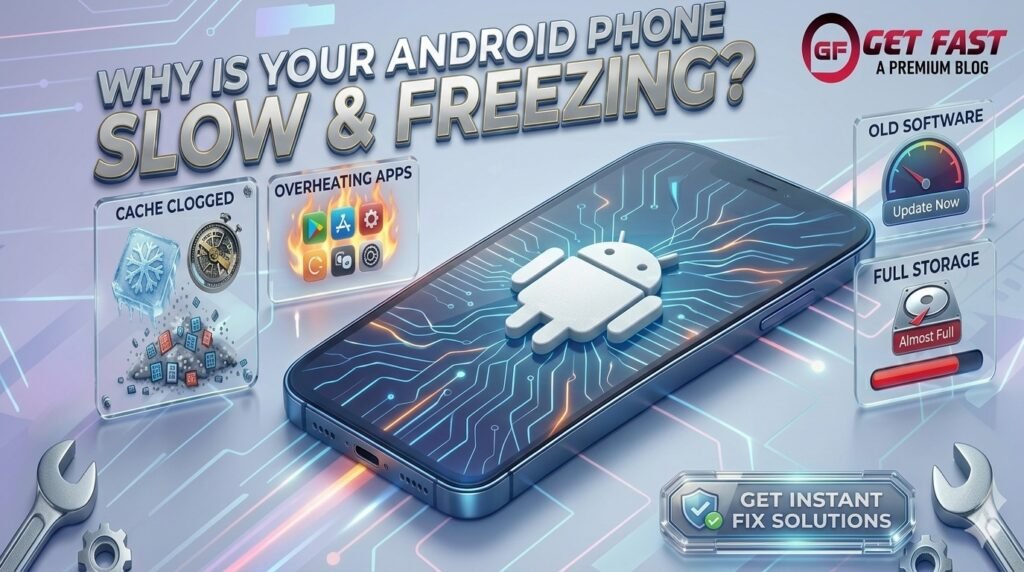 Why Is Your Android Phone Slow & Freezing? Illustration showing Android performance issues like cache clogging, overheating apps, full storage, and outdated software.