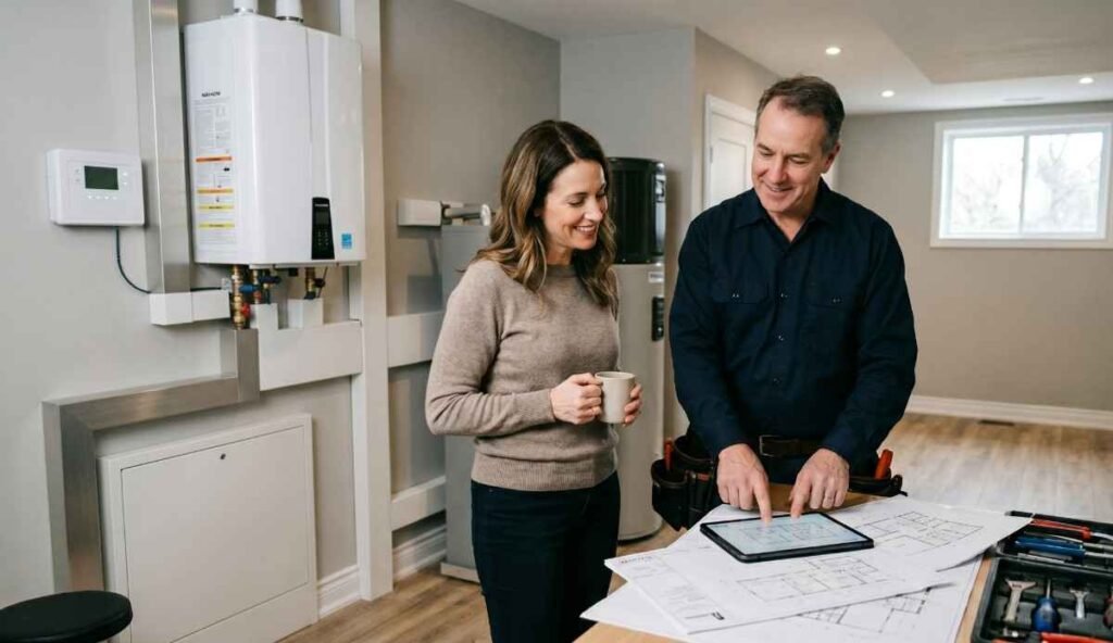 Plumber explaining plumbing upgrades to homeowner beside tankless water heater during home renovation planning