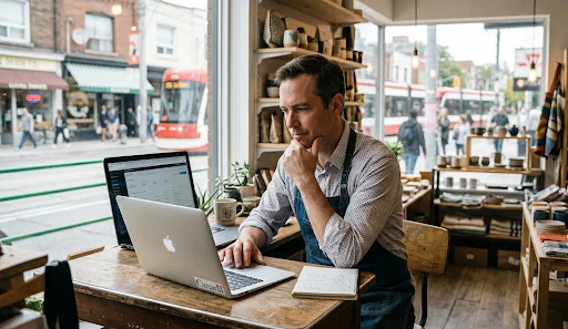 Small business owner using a laptop in a Toronto café to manage AI-powered digital marketing tasks